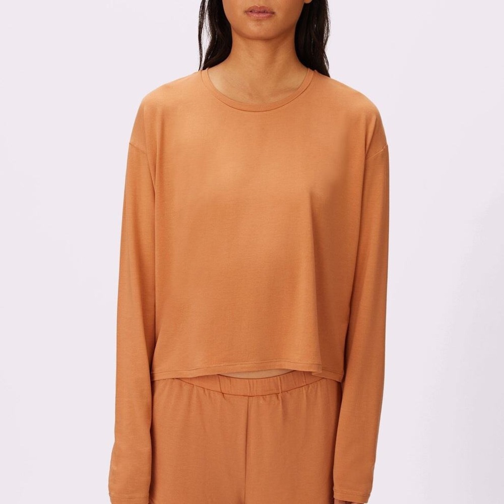 Parade Long Sleeve Shirt Women Small Orange Tencel Lyocell Cropped Crewneck